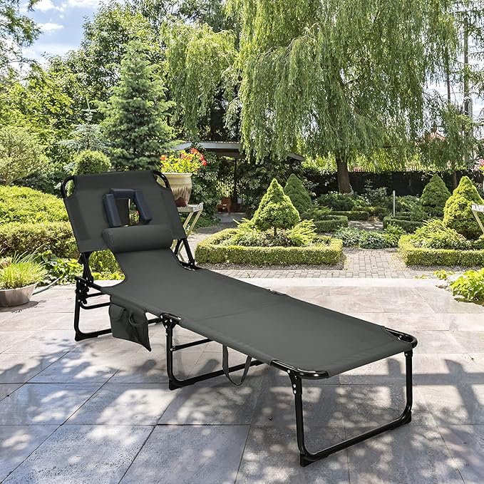 GYMAX Tanning Chair, Folding Beach Lounger with Face Arm Hole, Adjustable Backrest, Side Pocket, Pillow & Carry Handle, Outside Sunbathing Lounge Chair for Patio, Poolside, Lawn (1, Gray)