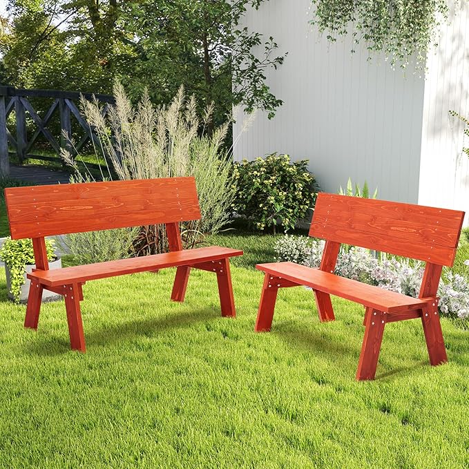 AVAWING 2 Piece Outdoor Convertible Bench, 2-in-1 Transforming Picnic Table Set, Wooden Garden Bench for Backyard, Porch, Patio, Tangerine