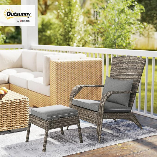 Outsunny Patio Wicker Adirondack Chair with Ottoman, Outdoor Fire Pit Chair with Cushions, High-Back, Large Seat & Armrests for Deck, Garden & Backyard, Gray