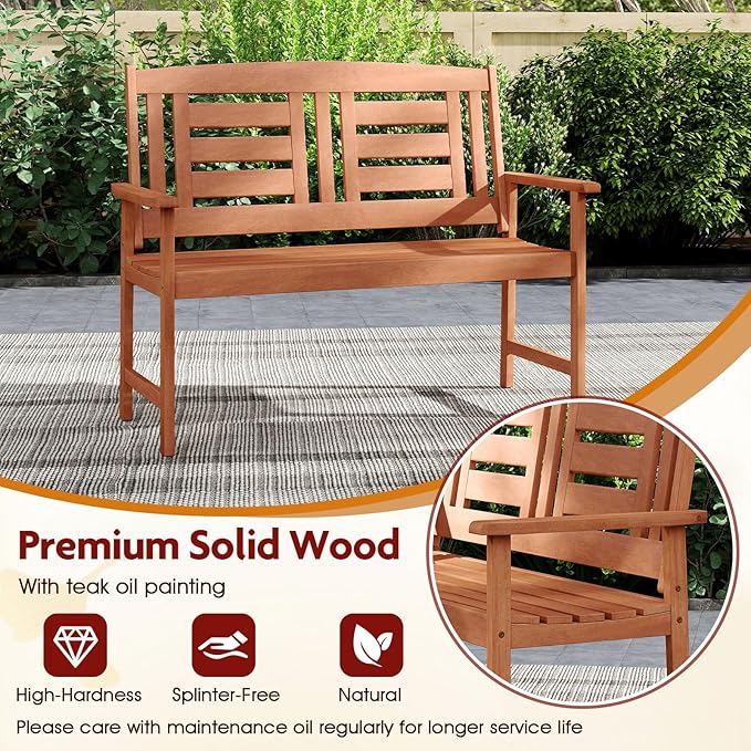 Byroce 2-Person Outdoor Bench, Solid Wood Patio Loveseat with Comfy Backrest & Armrest, Heavy Duty Garden Bench for Outdoors Backyard, Park, Balcony & Front Porch, Teak Oil Rubbed (Vertical Slat)