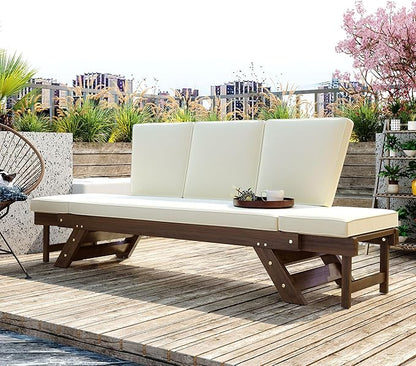 Merax Patio Sofa, Outdoor Adjustable Wooden Daybed, Chaise Lounge with Cushions, Beige