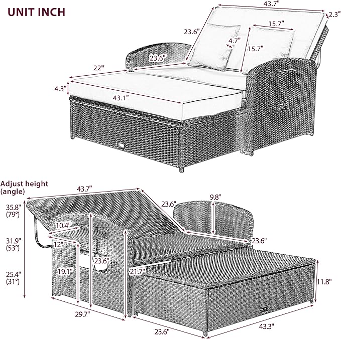 Outdoor Rattan Double Chaise Lounge, 2-Person Reclining Sunbed with 3-Height Adjustable Back - Photo 3