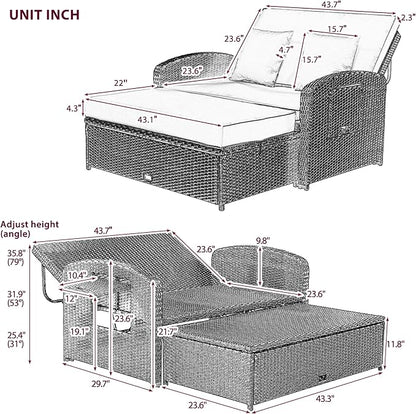 Outdoor Rattan Double Chaise Lounge,2-Person Reclining Sunbed with 3-Height Adjustable Back, Furniture Protection Cover and A Footrest (Gray/Double*F)