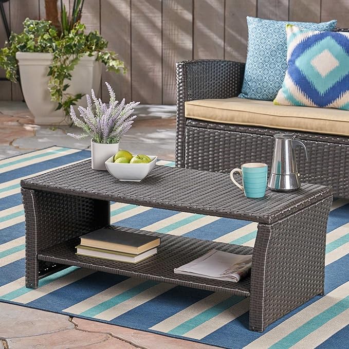 Christopher Knight Home Justin Outdoor Wicker Coffee Table, Brown, Black - Photo 2