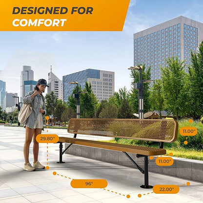 Heavy-Duty Outdoor Metal Bench, Thermoplastic-Coated, Surface, Weatherproof, Commercial-Grade for Parks, Gardens, Patios, Stores & More (8 Ft - Surface with Back, Brown)