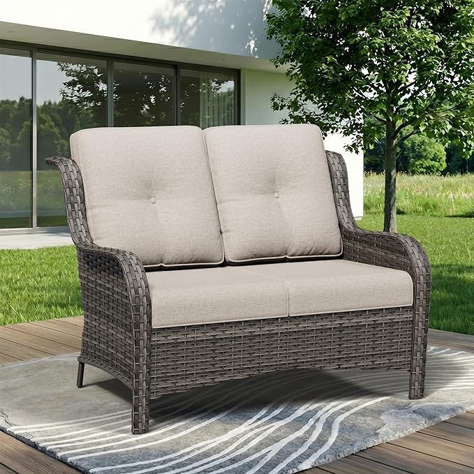 Wicker Patio Loveseat, 2 Seat Outdoor Couch with Thickened Olefin Cushions, High Back and Deep Seating - Photo 8