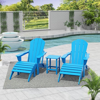 WestinTrends Malibu Outdoor Lounge Chairs Set, 5-Pieces Adirondack Chair Set of 2 with Ottoman and Side Table, All Weather Poly Lumber Patio Lawn Folding Chair for Outside, Pacific Blue