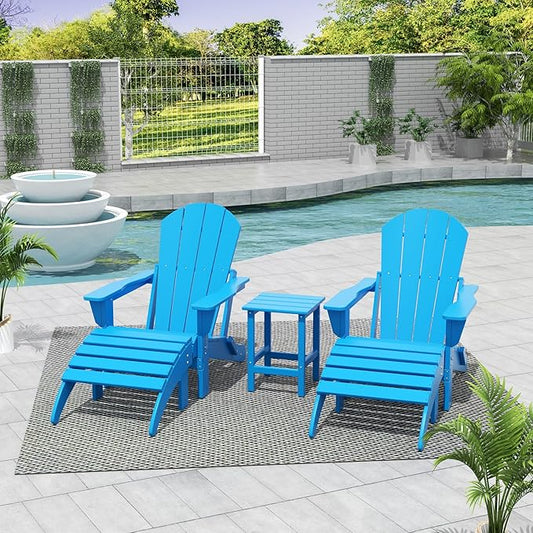 WestinTrends Malibu Outdoor Lounge Chairs Set, 5-Pieces Adirondack Chair Set of 2 with Ottoman and Side Table, All Weather Poly Lumber Patio Lawn Folding Chair for Outside, Pacific Blue