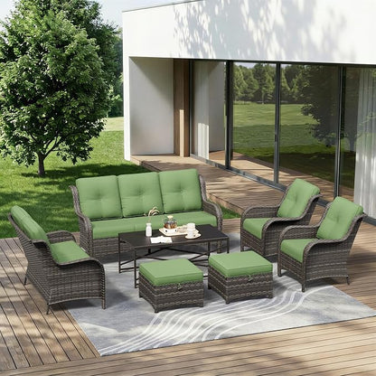 7 Piece Outdoor Wicker Patio Furniture Set, Patio Chairs Set with Thickened Olefin Cushions, High Back and Deep Seating, Hand-Woven PE Rattan, Ottoman for Porch, Deck
