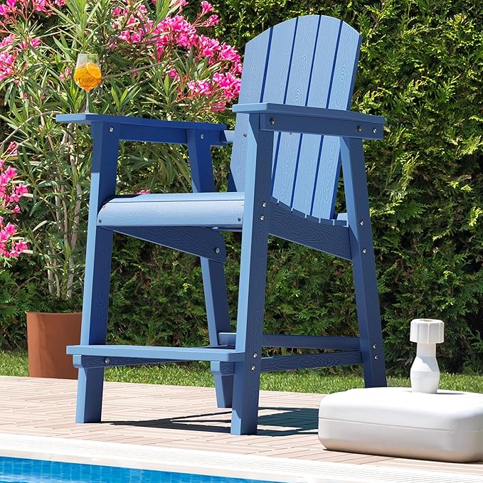 DWVO 25" Tall Adirondack Chair, Poly Bar Height Balcony Chairs with Armrest & Footrest, Outdoor Bar Stool Lifeguard Chair for Deck Pool Patio and Porch, Navy Blue