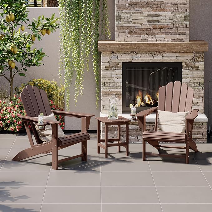 Costaelm Lakeview 3-Piece Outdoor Patio HDPE Adirondack Chair with Cup Holder and Table Set, Dark Brown