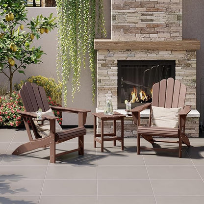 Costaelm Lakeview 3-Piece Outdoor Patio HDPE Adirondack Chair with Cup Holder and Table Set, Dark Brown