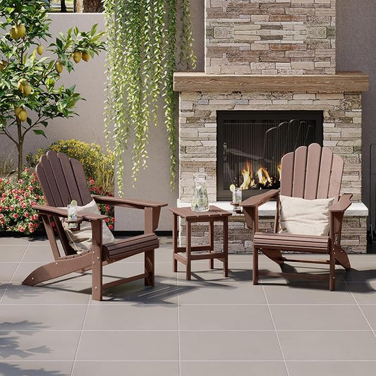 Costaelm Lakeview 3-Piece Outdoor Patio HDPE Adirondack Chair with Cup Holder and Table Set, Dark Brown