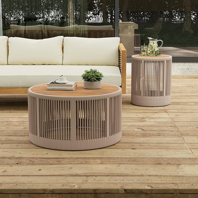 LUMISOL Rustic Industrial Table Set of 2 for Outdoor, Coffee Table & Side Table with Woven Rope Design, Patio Table Set for Living Room Garden Balcony, Teak+ Beige