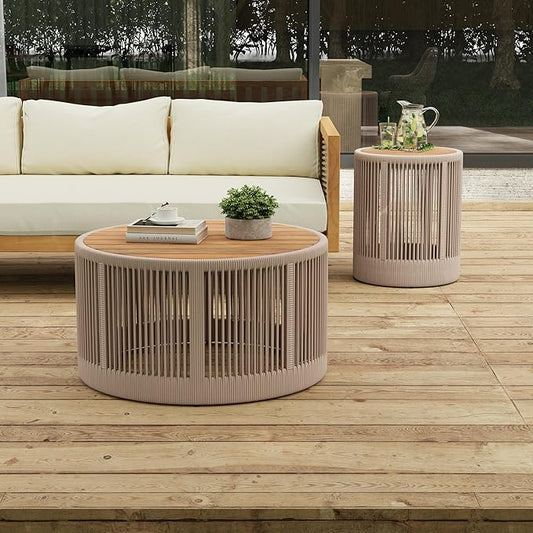 LUMISOL Rustic Industrial Table Set of 2 for Outdoor, Coffee Table & Side Table with Woven Rope Design, Patio Table Set for Living Room Garden Balcony, Teak+ Beige