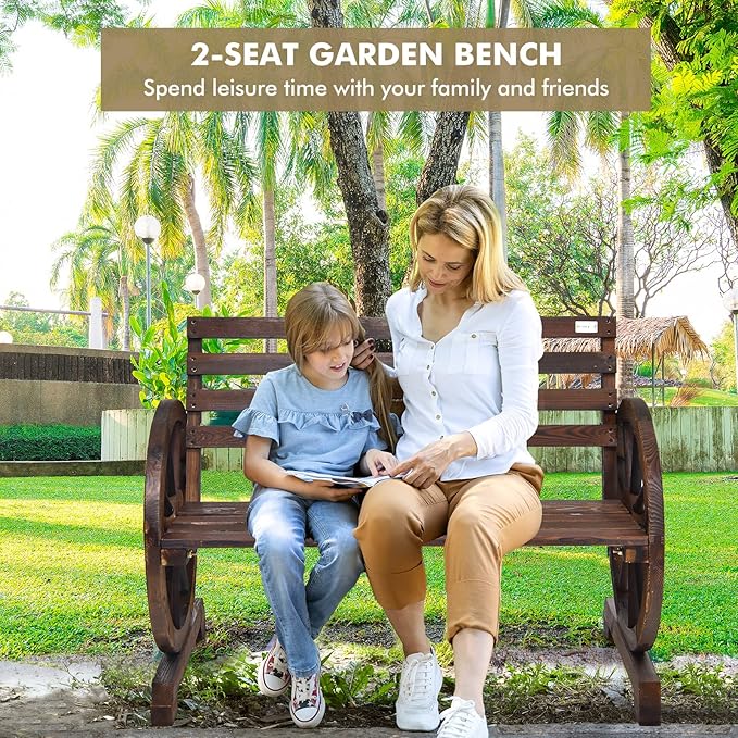 HAPPYGRILL Patio Garden Bench 2-Person Seat Rustic Wooden Wheel Bench with High Back & Wide Seat, Suitable for Patio Porch Garden