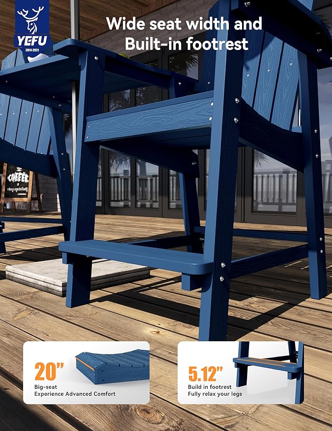 YEFU Tall Adirondack Chair Set of 2, Balcony Chair with Connecting Table, Poly Lumber Adirondack Chair, Patio Bar Stools, 380lbs, Weather Resistant for Outdoor Deck Lawn Pool-Navy Blue