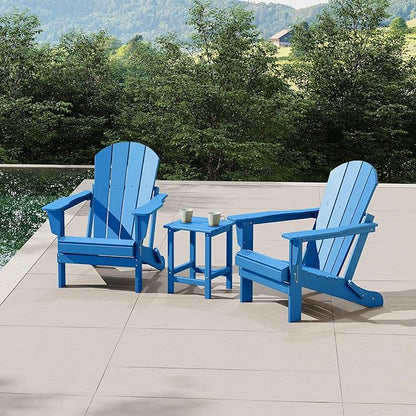 WestinTrends Malibu 3-Pieces Adirondack Chairs Set with Side Table, All Weather Outdoor Seating Plastic Patio Lawn Chair Folding for Outside Porch Deck Backyard, Pacific Blue