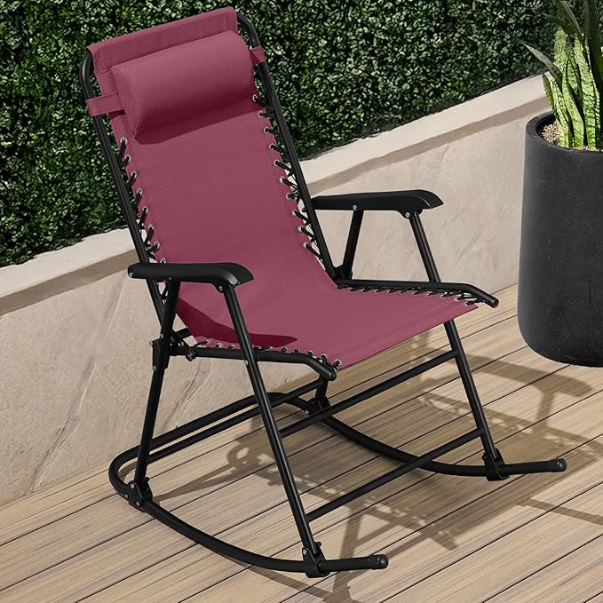 Best Choice Products Outdoor Folding Rocking Chair, Zero Gravity Lounge Chair, Patio Rocker w/Headrest Pillow - Burgundy - Photo 2