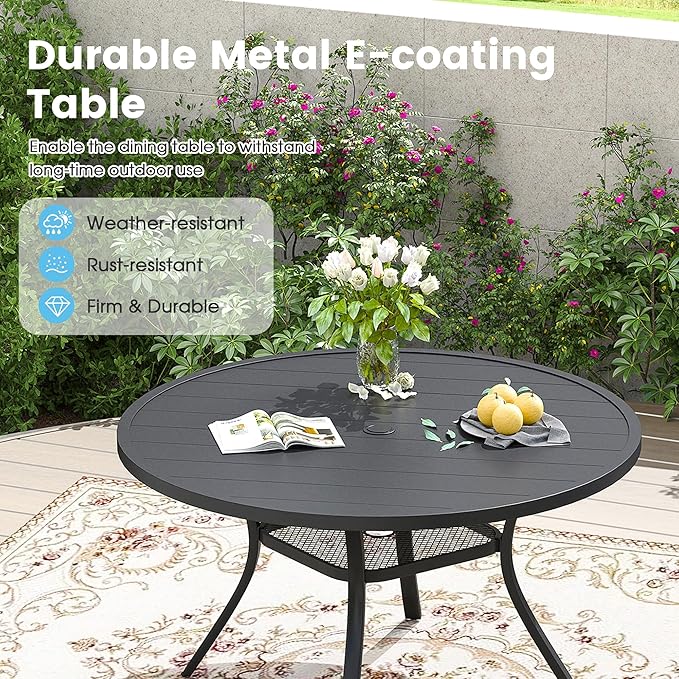 Patio Dining Table for 4-6, Round Metal Outdoor Table with 1.57" Umbrella Hole, 47" Outdoor Slat Tabletop Dining Table for Backyard, Porch, Lawn, Black