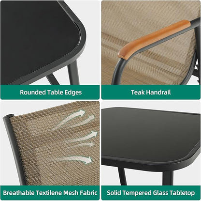YITAHOME 3 Piece Patio Furniture Set, Outdoor Glider Chair Bistro Set, Coffee Table with Tempered Glass Tabletop, Patio Textilene Chairs Set of 2 for Backyard, Lawn, Garden, Balcony and Porch, Brown