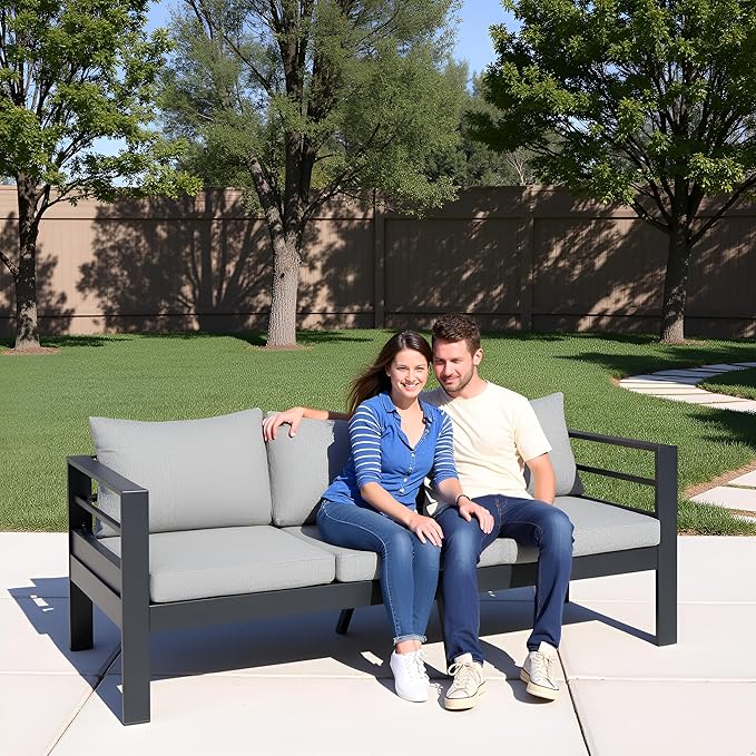 3-Seater All-Weather Iron Patio Sofa with Cushions - Heavy-Duty Metal Outdoor Sectional Couch for Garden - Photo 2