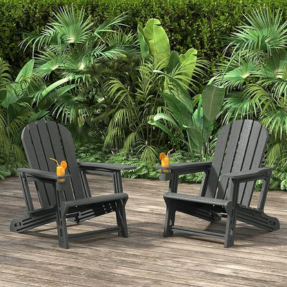 Costaelm Cayman Hardware-Free Assembly Outdoor Patio HDPE Poly Plastic Adirondack Chair with Cup Holder (Set of 2), Gray