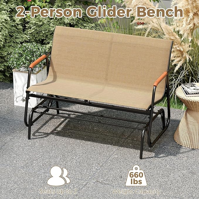 Tangkula 2-Person Outdoor Glider Bench, Patio Gliding Loveseat with Breathable Fabric Seat, Curved Teak Wood Armrests and Metal Frame, Swing Rocking Chair for Backyard, Garden, Porch, Balcony (2 Seat)