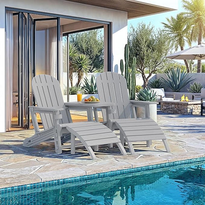 Vongrasig Adirondack Chairs Set of 2 with Removable Tabletop and Footrest, All-Weather HDPE Outdoor Chair Set with Wooden Textured, Cup Holder for Patio, Poolside, Deck, Garden, Light Grey