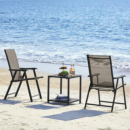 Yaheetech Patio Dining Chairs Set of 2, Portable Dining Chairs with Armrests for Camping, Lawn and Beach, Folding Patio Chairs 2-Pack of Metal Frame, Brown