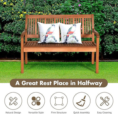 DORTALA 50'' Patio Wooden Bench, Eucalyptus Wood Loveseat with Ergonomic Backrest, Curved Armrests, Sloping Seat, Garden Slatted Bench, Ideal for Patio, Porch, Yard, Lawn, 705 lbs Weight Capacity