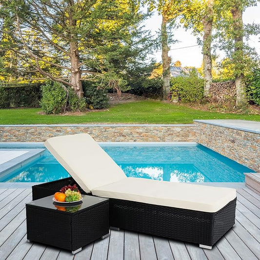 VINGLI Outdoor Chaise Lounge Chair Set with Side Table, Pool Lounge Chair with Adjustable Backrest,Waterproof Black Rattan Recliners Outside Patio Lounger Furniture