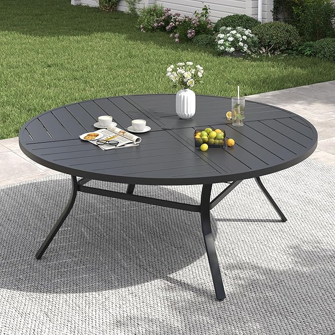 VICLLAX 60" Round Patio Table with Umbrella Hole, All Weather Metal Outdoor Dining Table for 8, Outside Table for Lawn Garden, Black