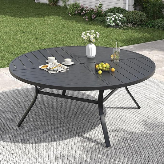 VICLLAX 60" Round Patio Table with Umbrella Hole, All Weather Metal Outdoor Dining Table for 8, Outside Table for Lawn Garden, Black
