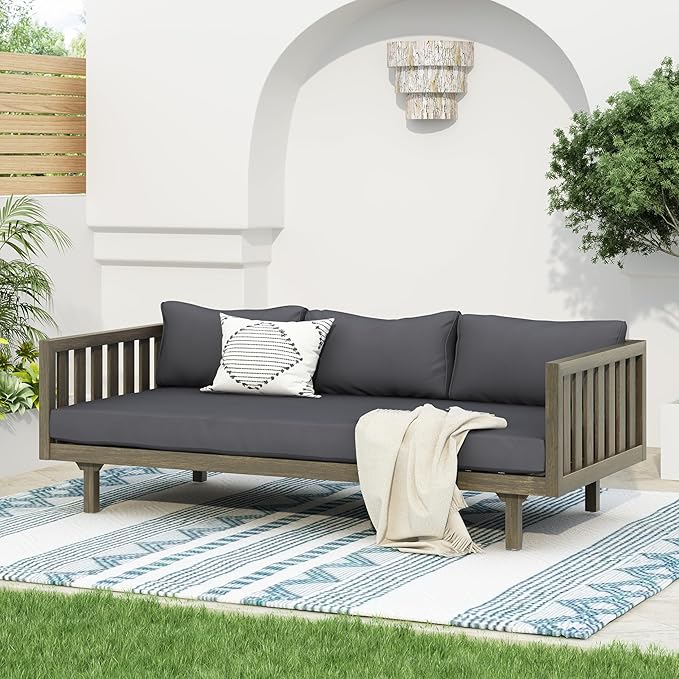 Christopher Knight Home Claremont Outdoor 3 Seater Acacia Wood Daybed with Fabric Water Resistant and Removable Cushions - Photo 1