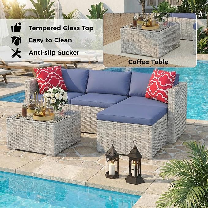 5-Piece Patio Sectional Sofa Set, All-Weather Brown PE Rattan Outdoor Conversation Furniture with Neutral-Tone Cushions - Photo 4