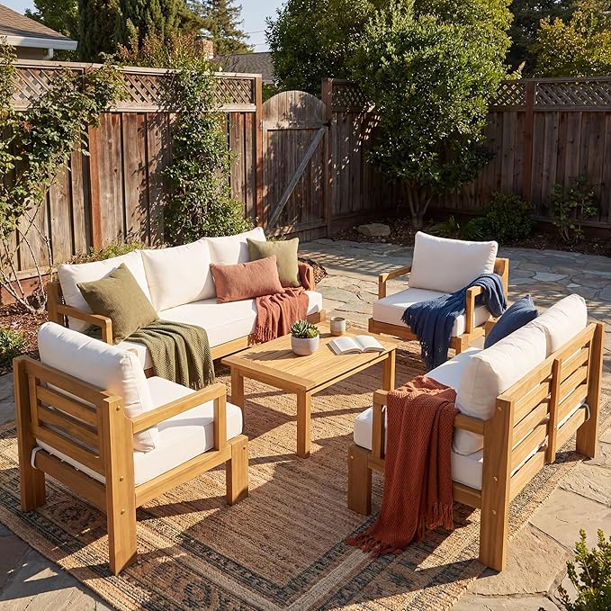 5 Piece Acacia Wood Patio Furniture Set with Coffee Table, 2 Loveseat and 2 Chairs - Photo 1