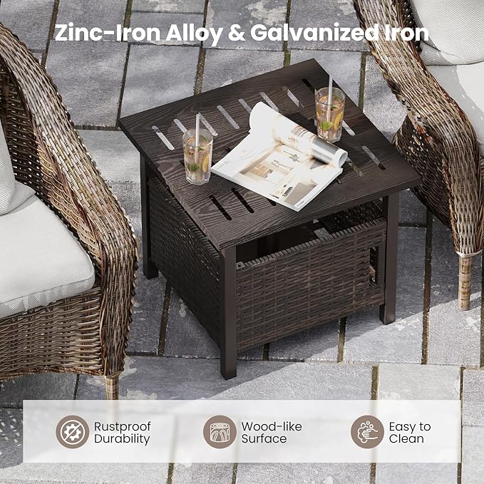 Tangkula Outdoor Table with Hole, Patio Umbrella Table with 2 Sand Bags, 1.93" Umbrella Hole, Metal Frame, PE Wicker, Outdoor Side Table for Garden, Deck and Poolside