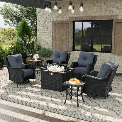 7 Piece Patio Furniture Set with Fire Pit Table, All-Weather Wicker Outdoor Conversation Set with Swivel Rocking Chair and 6 Inch Thick Cushions