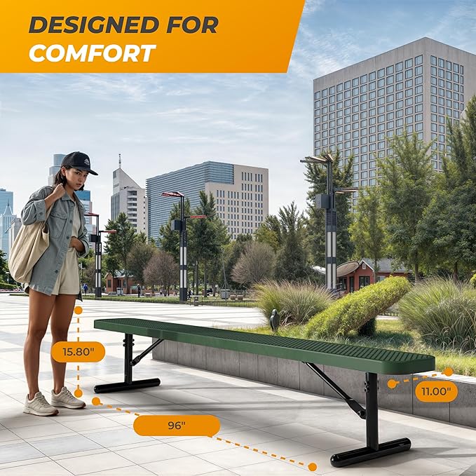 Heavy-Duty Outdoor Metal Bench, Thermoplastic-Coated, Portable, Weatherproof, Commercial-Grade for Parks, Gardens, Patios, Stores & More (8 Ft - Portable, Green)