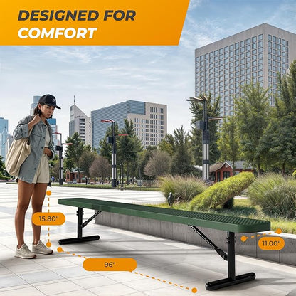 Heavy-Duty Outdoor Metal Bench, Thermoplastic-Coated, Portable, Weatherproof, Commercial-Grade for Parks, Gardens, Patios, Stores & More (8 Ft - Portable, Green)