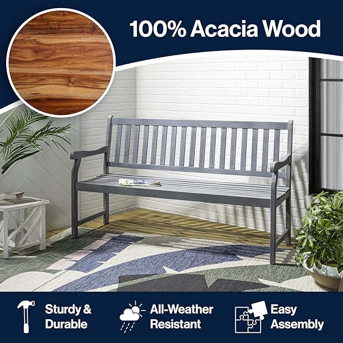 JONATHAN Y BNH101B Laurel 59.1" 3-Seat Slat-Back 600-Lbs Support Acacia Wood Outdoor Garden Patio Bench for Garden, Lawn - Photo 5