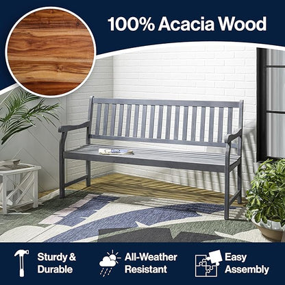 JONATHAN Y BNH101B Laurel 59.1" 3-Seat Slat-Back 600-Lbs Support Acacia Wood Outdoor Garden Patio Bench for Garden, Lawn, Backyard, Pool, Deck, Beach, Firepit, Gray