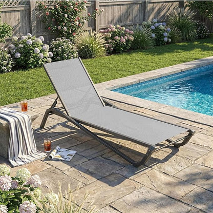 Kingdura Chaise Lounge Chairs Set for Pool, Aluminum Outdoor Lounge Chairs with 5 Positions Recliner, Lightweight Pool Lounger Lounge Chairs for Outside Patio Deck Poolside (Grey, 1 Chair)