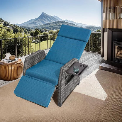 Outdoor Patio Recliner Chair, 180° Flat Recliner with Flip Table & Adjustable Backrest, Rattan Reclining Lounge Chair, Wicker Balcony Recliner, Blue