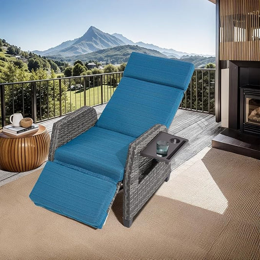 Outdoor Patio Recliner Chair, 180° Flat Recliner with Flip Table & Adjustable Backrest, Rattan Reclining Lounge Chair, Wicker Balcony Recliner, Blue