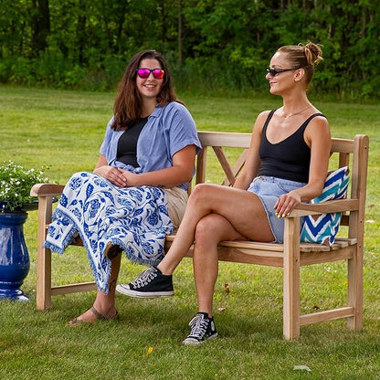 Sunnydaze 2-Person Outdoor Bench for Front Porch or Park - Wooden Teak Patio Garden Bench with Backrest - 675 lb Weight Capacity - Crossback