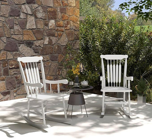 Outsunny Outdoor Wood Rocking Chairs Set of 2, 350 lbs. Porch Rockers with High Back for Garden, Patio, Balcony, White