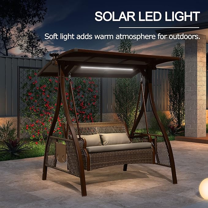 PURPLE LEAF Patio Porch Swing Chair with Canopy 2 Person Hand-Woven Wicker Outside Glider w/Solar LED Light and Cushions for Backyard Loveseat Bench Outdoor Hamock Swinging Chairs