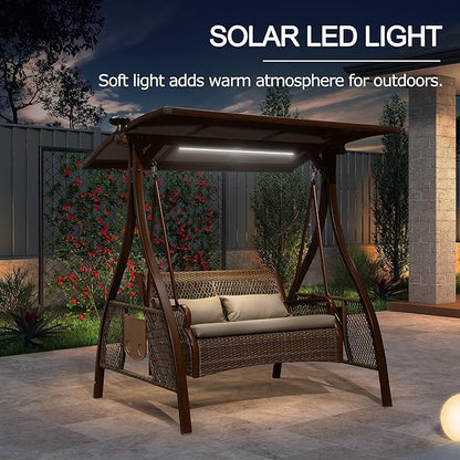 PURPLE LEAF Patio Porch Swing Chair with Canopy 2 Person Hand-Woven Wicker Outside Glider w/Solar LED Light and Cushions for Backyard Loveseat Bench Outdoor Hamock Swinging Chairs